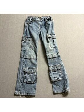 Love Trends Cargo Jeans Womens Size 3 Blue Denim Wide Leg Multi Pocket Stretch